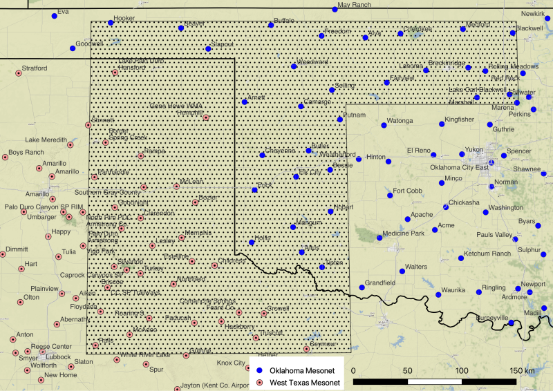 The region where CopterSondes were cleared to fly during OUTFLOW. Dots mark OK Mesonet sites. The hatched area has a lower flight ceiling due to military flight activity in the area. The smaller hatched area marks a restriced area over a USAF zone.