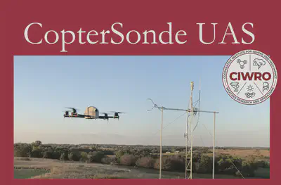 Left, CopterSonde is piloted against the sunset. Right, the CopterSonde with main shell components, which are 3D printed, indicated. Instruments reside in the front shell, or ‘scoop’ part of the CopterSonde.